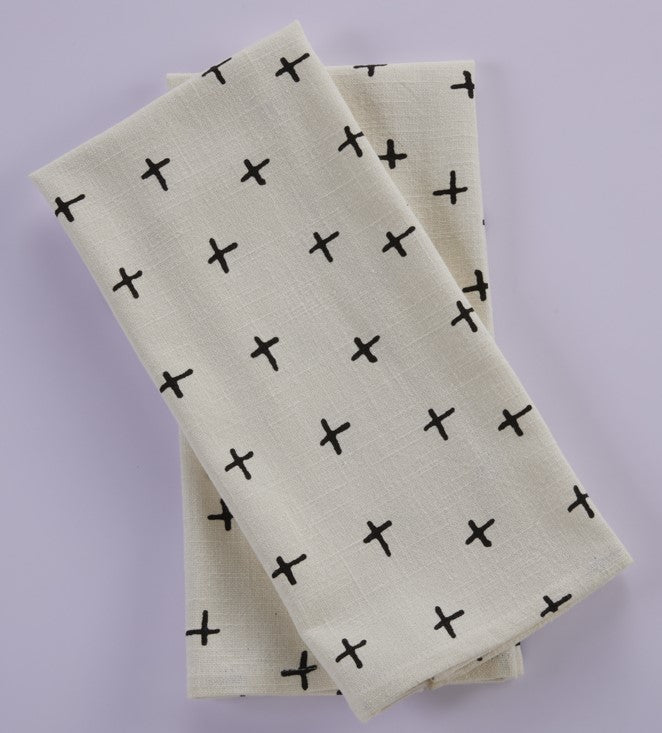 Premium Cotton Printed Towels - Plus Print Set of 2 Kitchen Towels - 100 % Cotton - Ivory / Black
